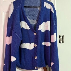 Blue and White Cloud Pattern Cardigan Sweater